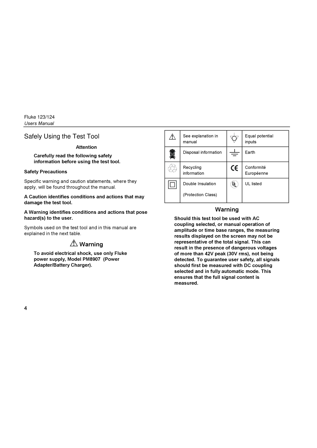 Fluke 124, 123 user manual Safely Using the Test Tool 