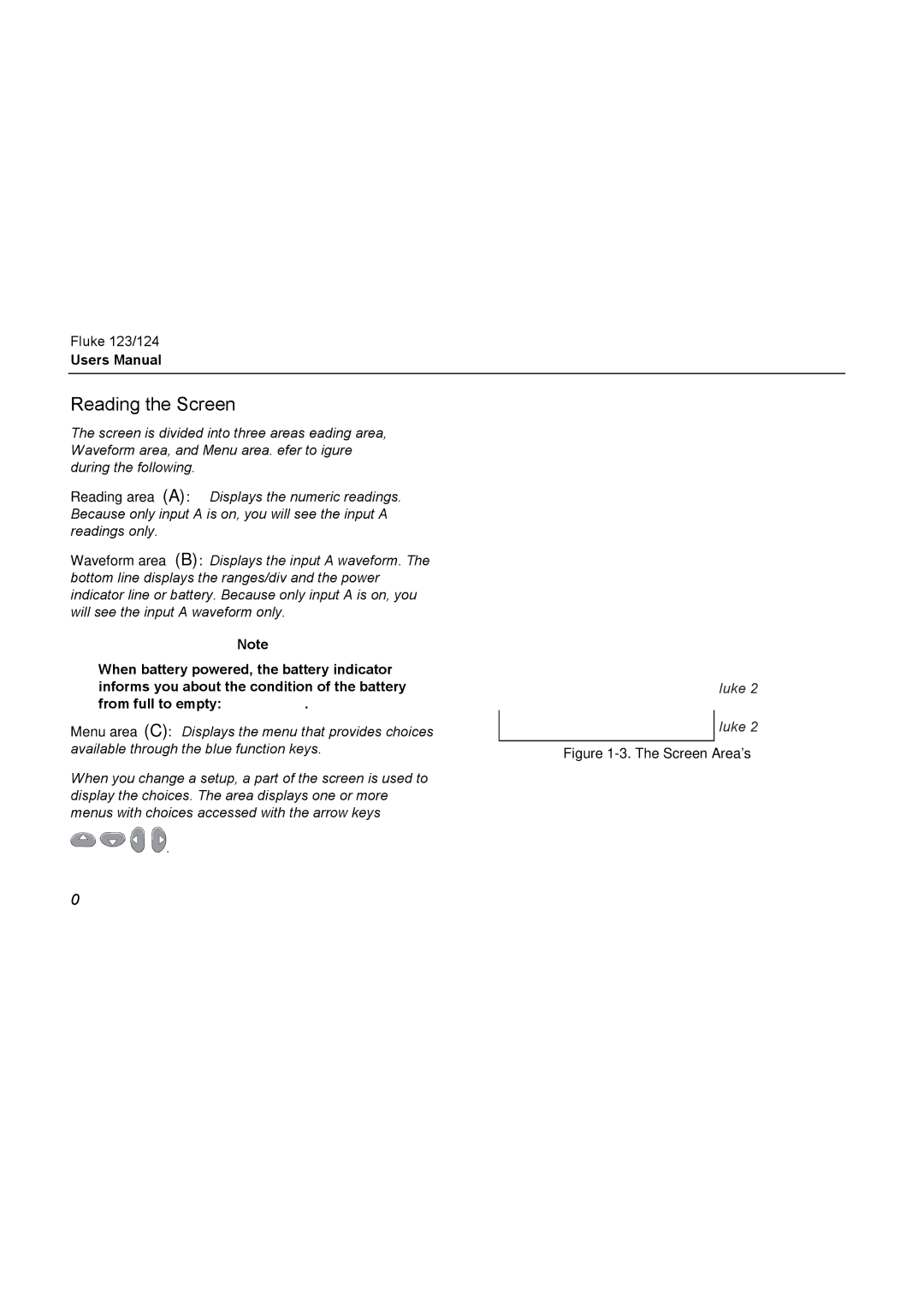 Fluke 124, 123 user manual Reading the Screen, Screen Areas 