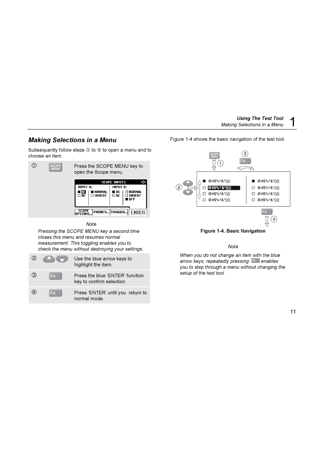 Fluke 123, 124 user manual Making Selections in a Menu, Basic Navigation 