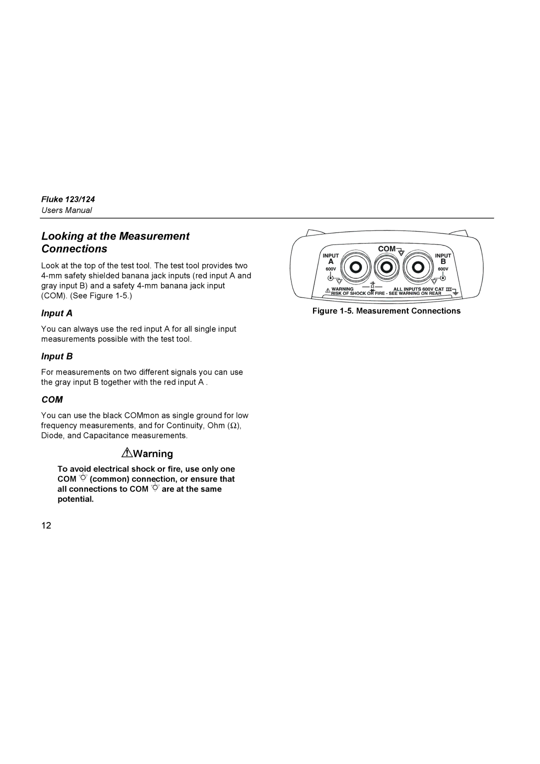 Fluke 124, 123 user manual Looking at the Measurement Connections, Input a, Input B 