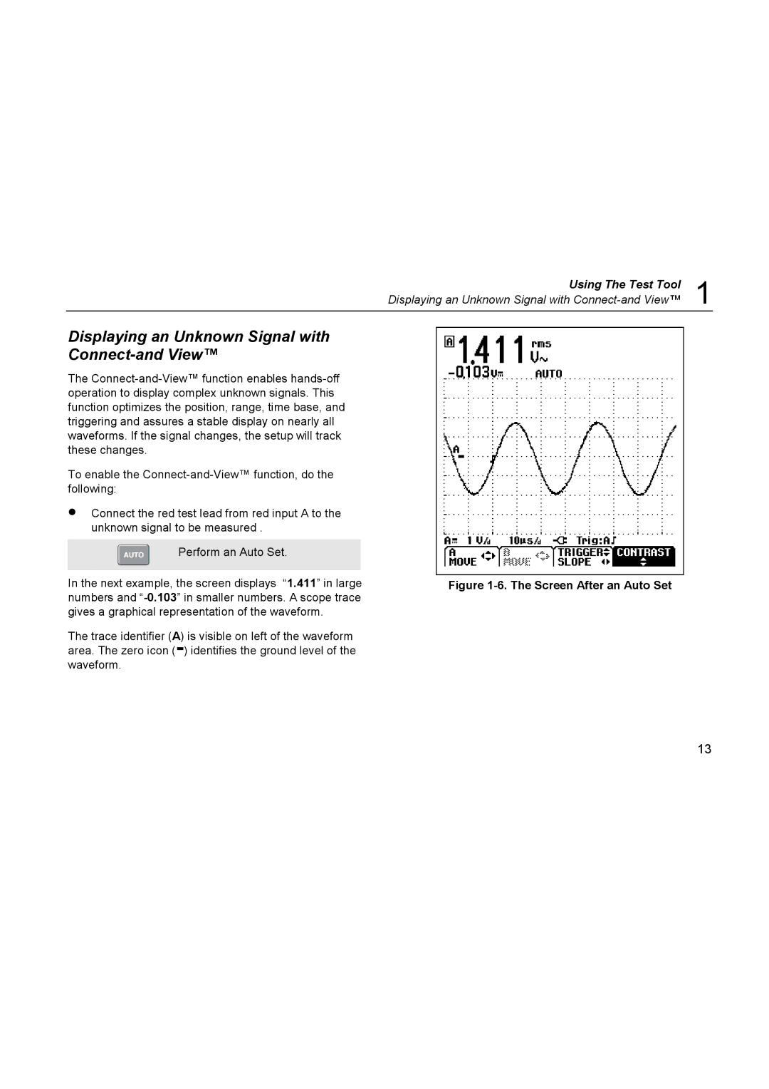 Fluke 123, 124 user manual Displaying an Unknown Signal with Connect-and View, Screen After an Auto Set 