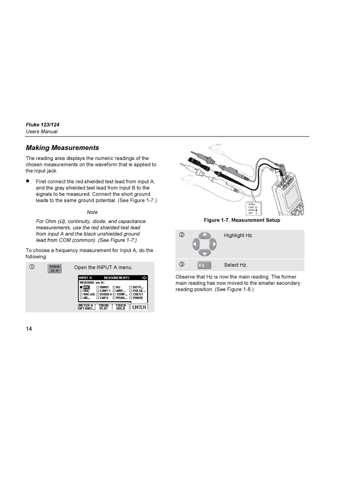 Fluke 124, 123 user manual Making Measurements, Measurement Setup 