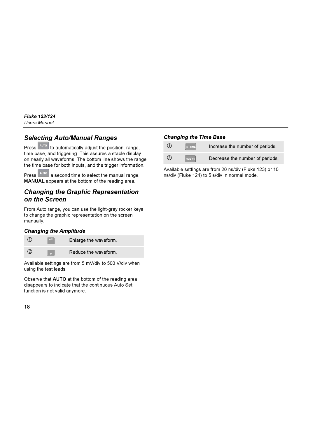 Fluke 124, 123 Selecting Auto/Manual Ranges, Changing the Graphic Representation on the Screen, Changing the Time Base 