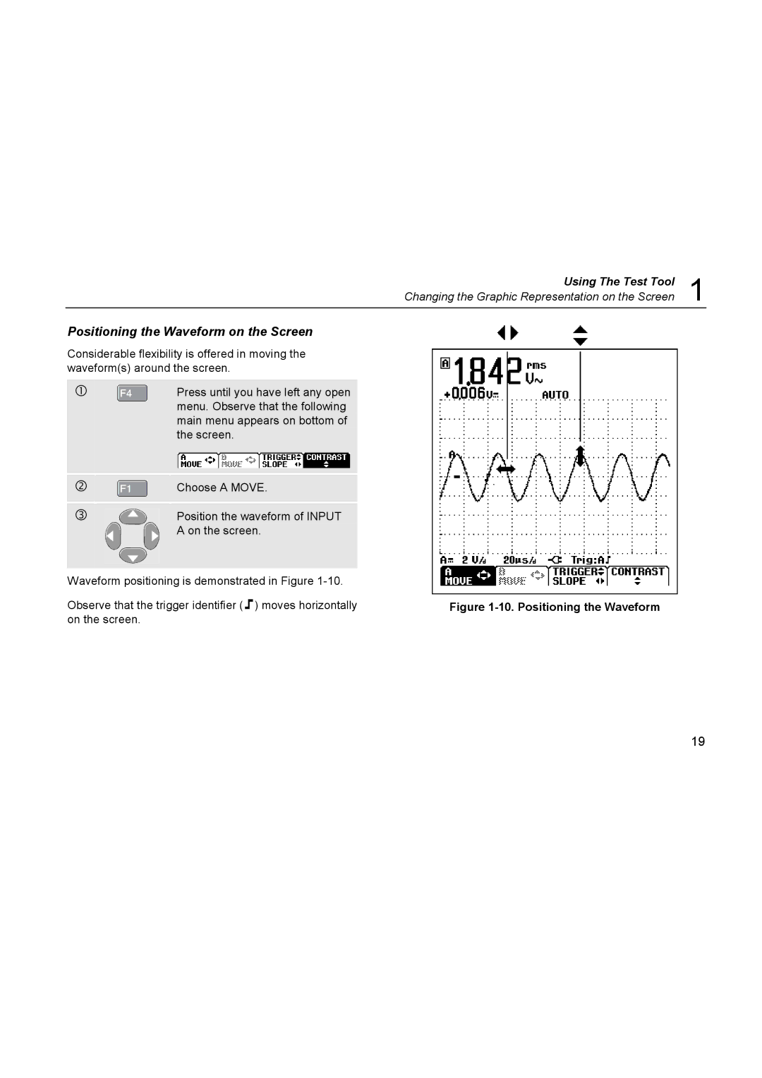 Fluke 123 Positioning the Waveform on the Screen, Observe that the trigger identifier moves horizontally, On the screen 