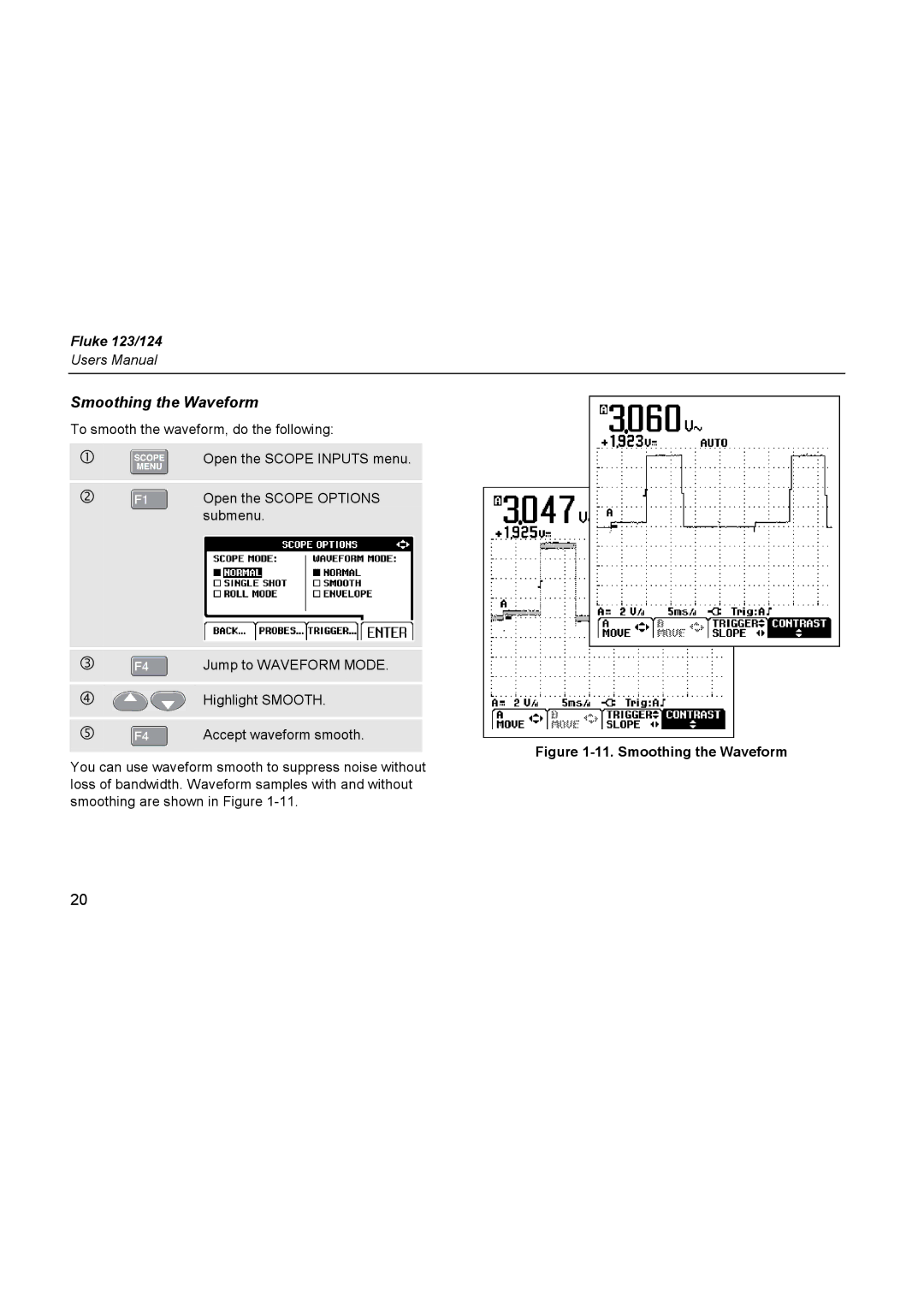 Fluke 124, 123 user manual Smoothing the Waveform 