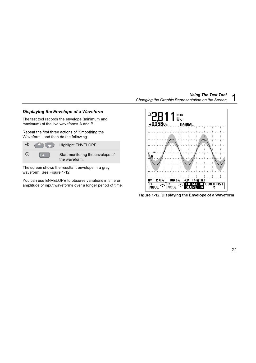 Fluke 123, 124 user manual Displaying the Envelope of a Waveform 