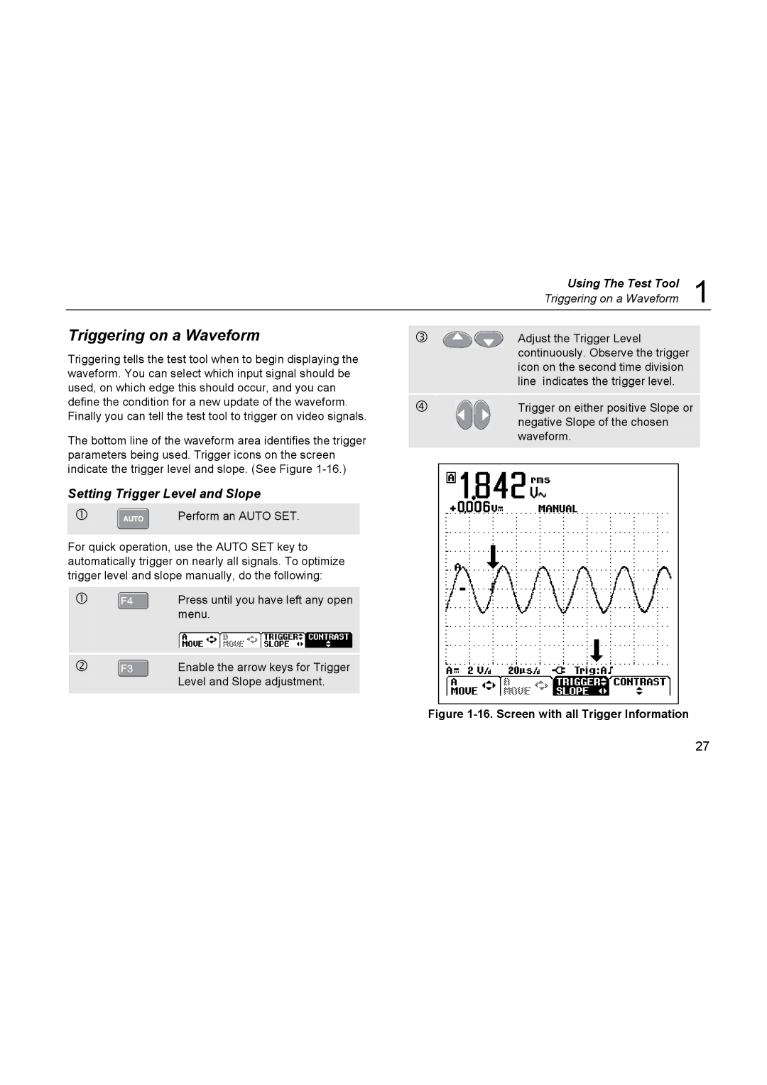 Fluke 123, 124 user manual Triggering on a Waveform, Setting Trigger Level and Slope 