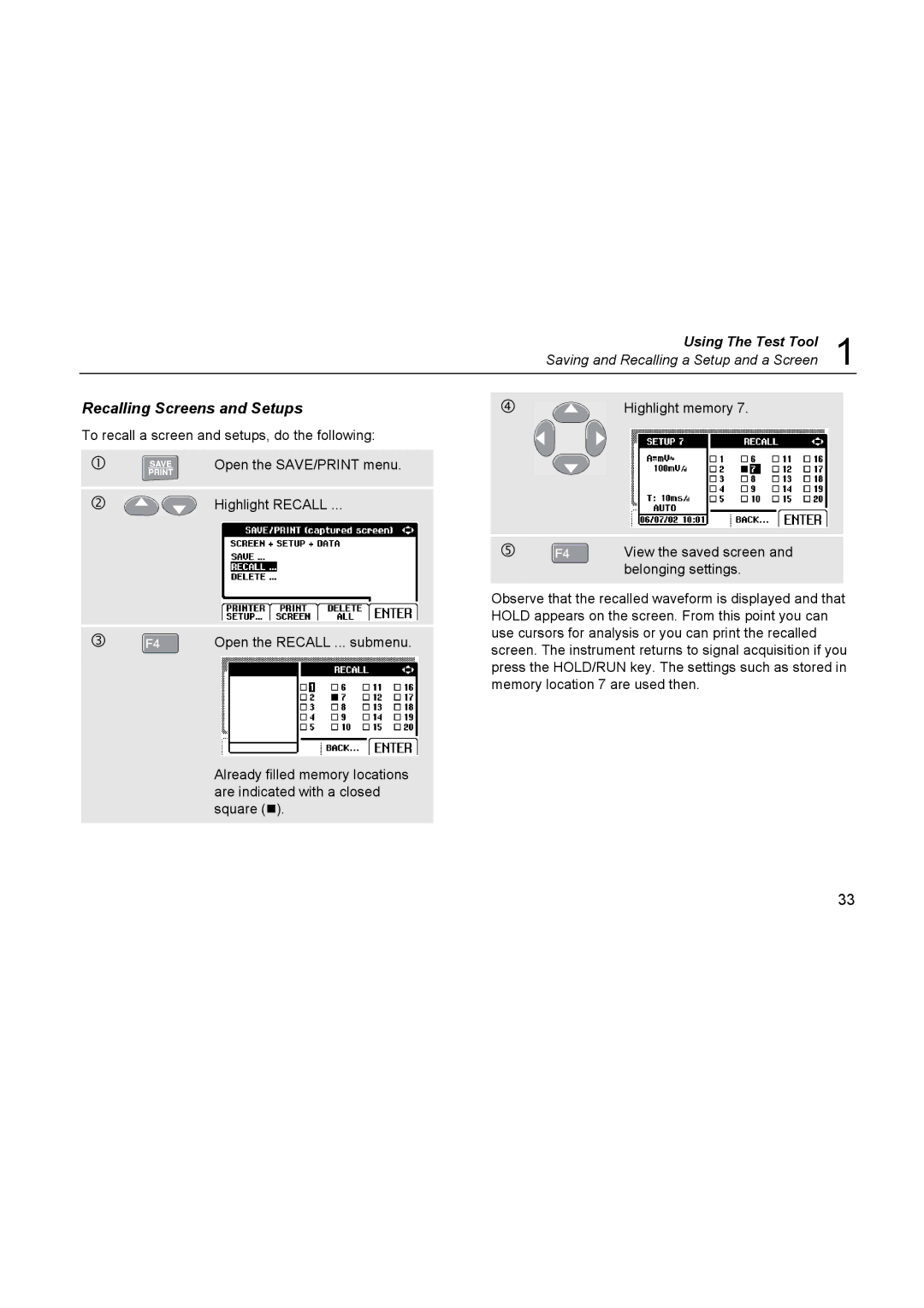 Fluke 123, 124 user manual Recalling Screens and Setups 