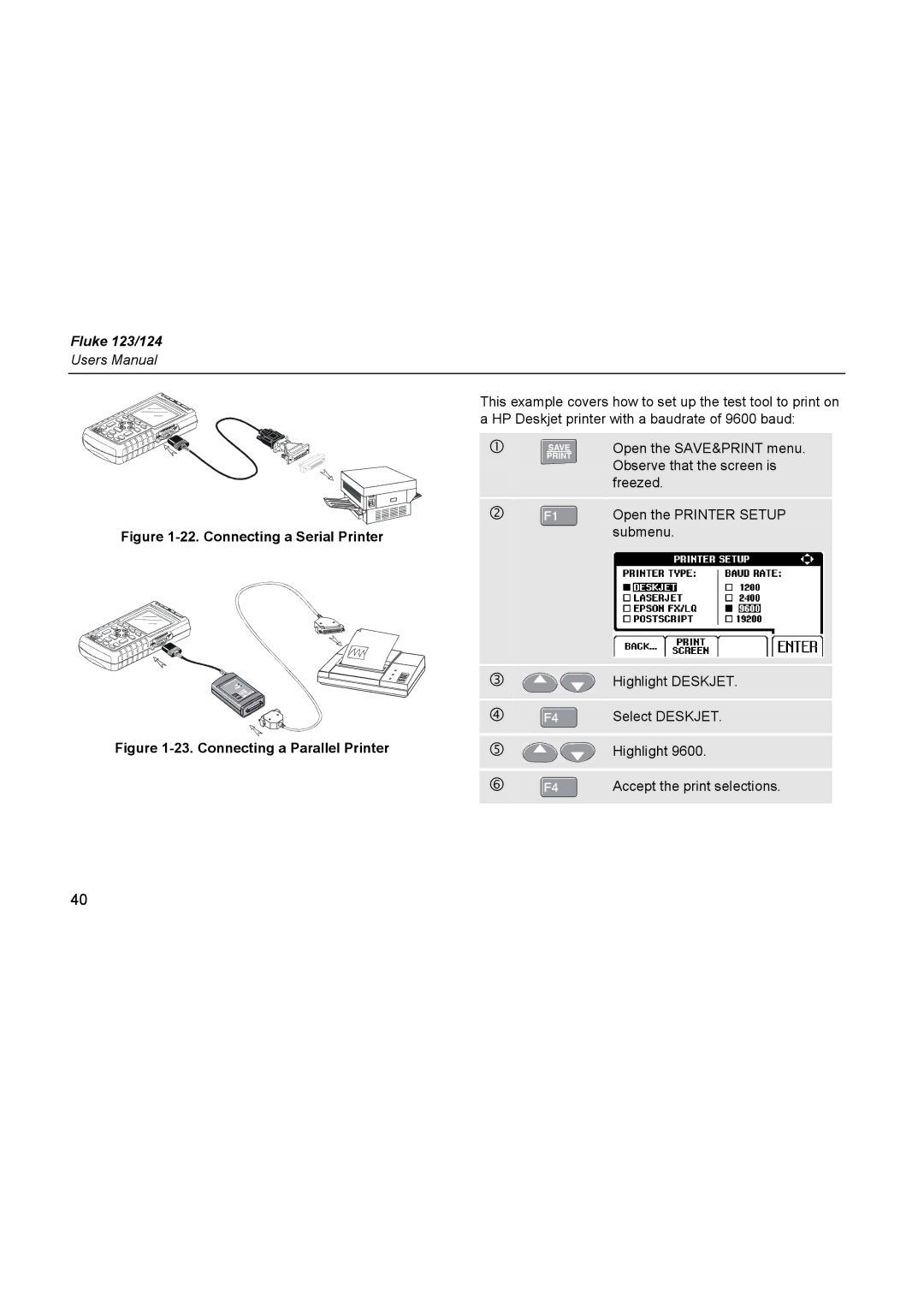 Fluke 124, 123 user manual Connecting a Serial Printer 