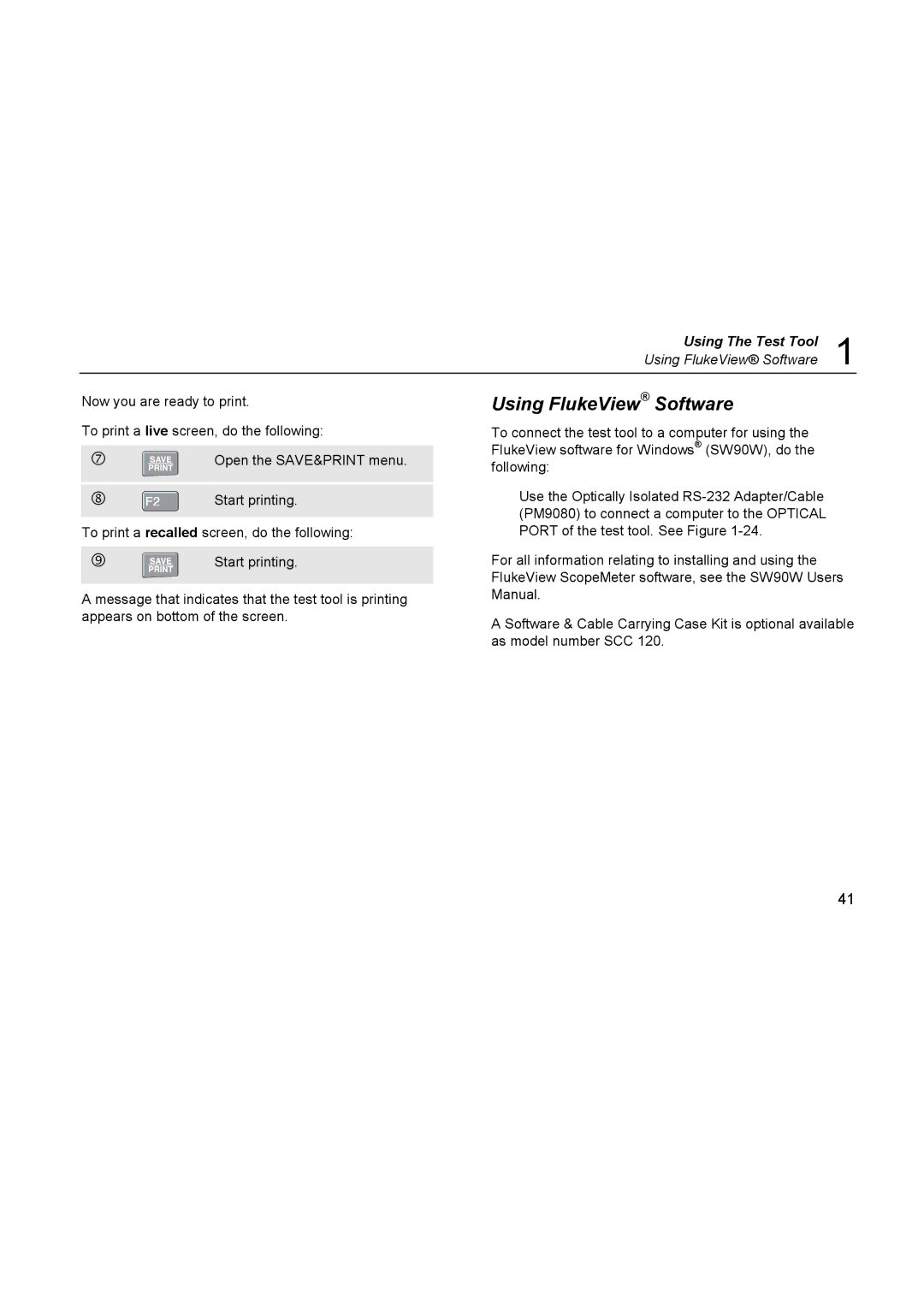 Fluke 123, 124 user manual Using The Test Tool Using FlukeView Software 