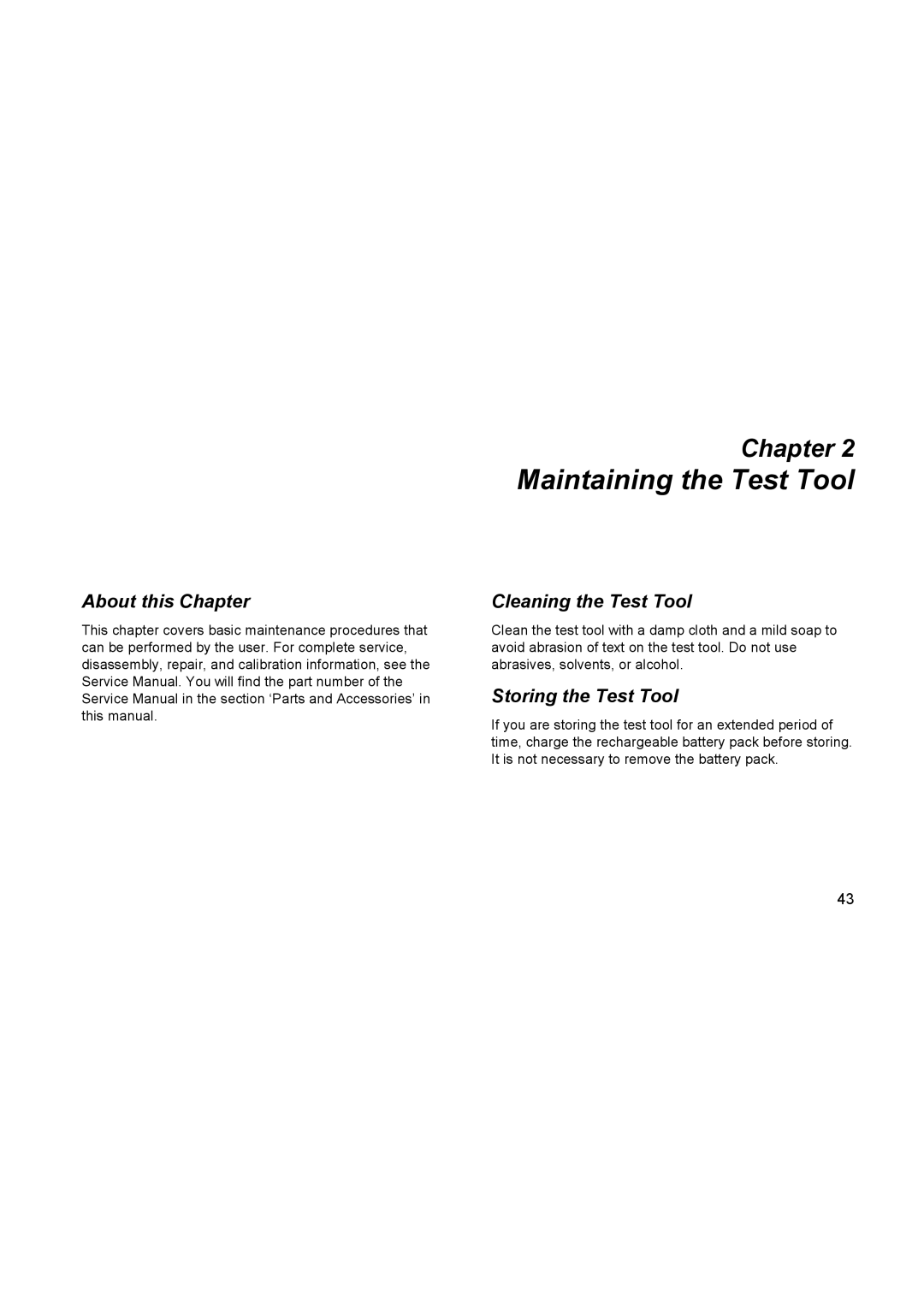 Fluke 123, 124 user manual About this Chapter, Cleaning the Test Tool, Storing the Test Tool 