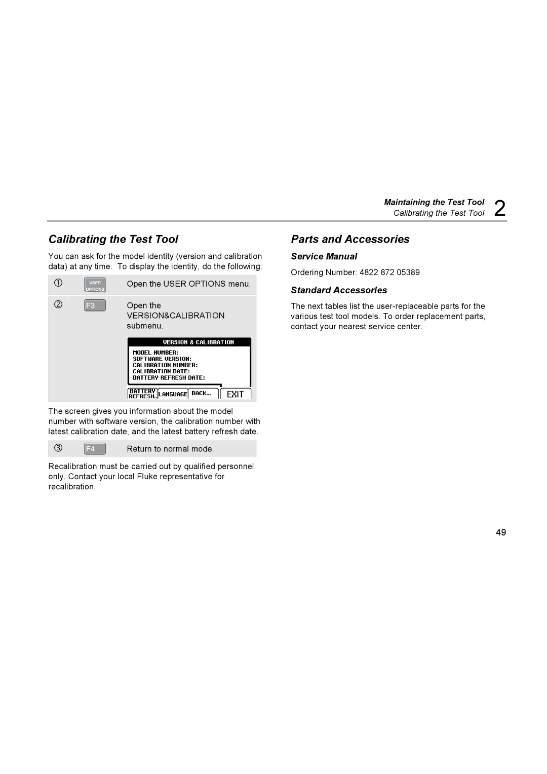 Fluke 123, 124 user manual Calibrating the Test Tool, Parts and Accessories, Standard Accessories 