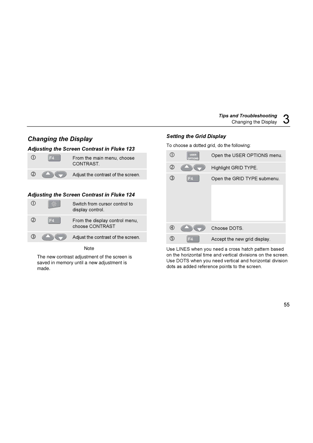 Fluke 123, 124 user manual Changing the Display, Contrast 