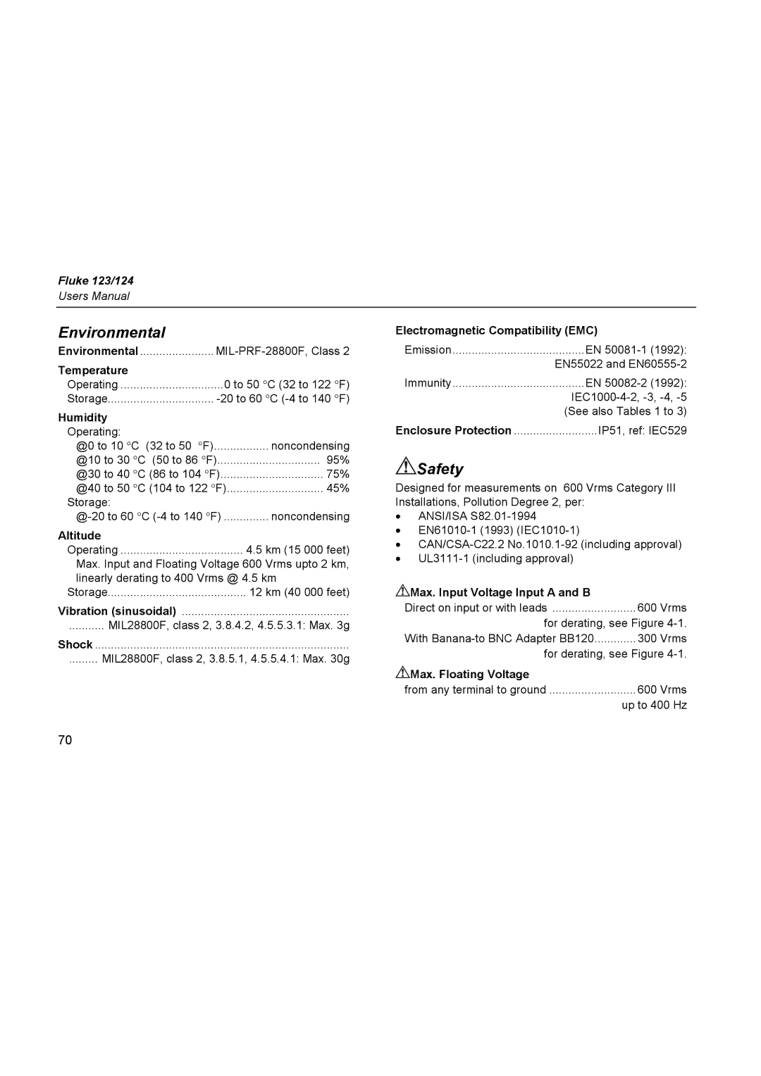 Fluke 124, 123 user manual Environmental, Safety 