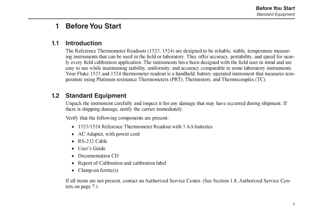 Fluke 1524, 1523 manual Introduction, Standard Equipment 