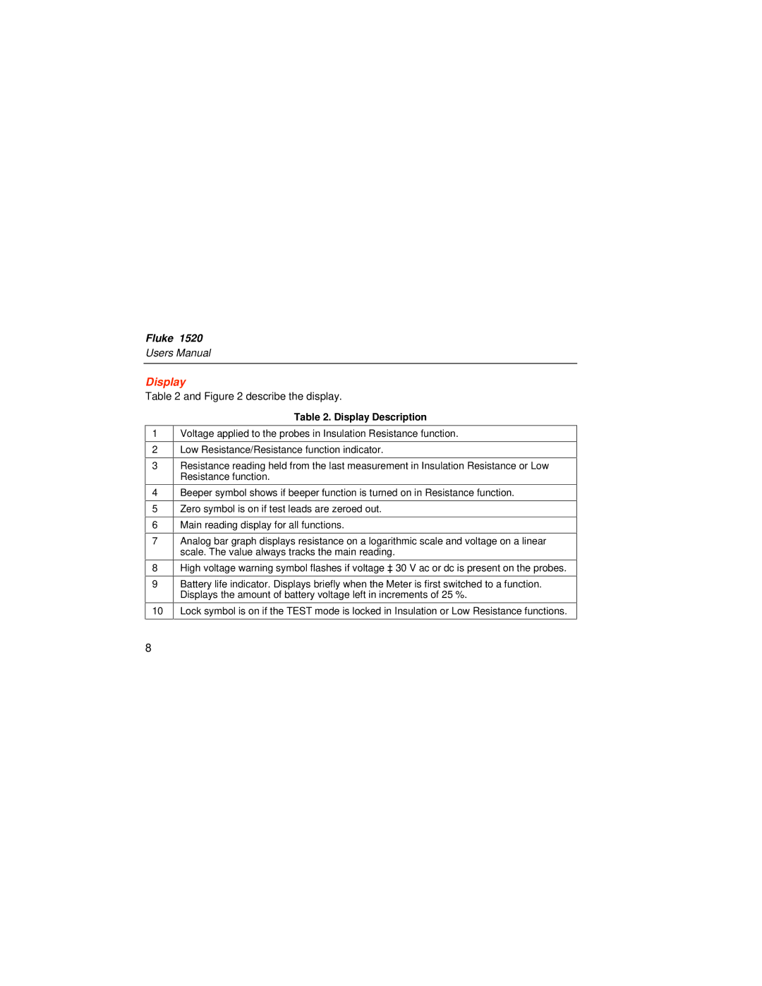 Fluke 1526 user manual Display Description 