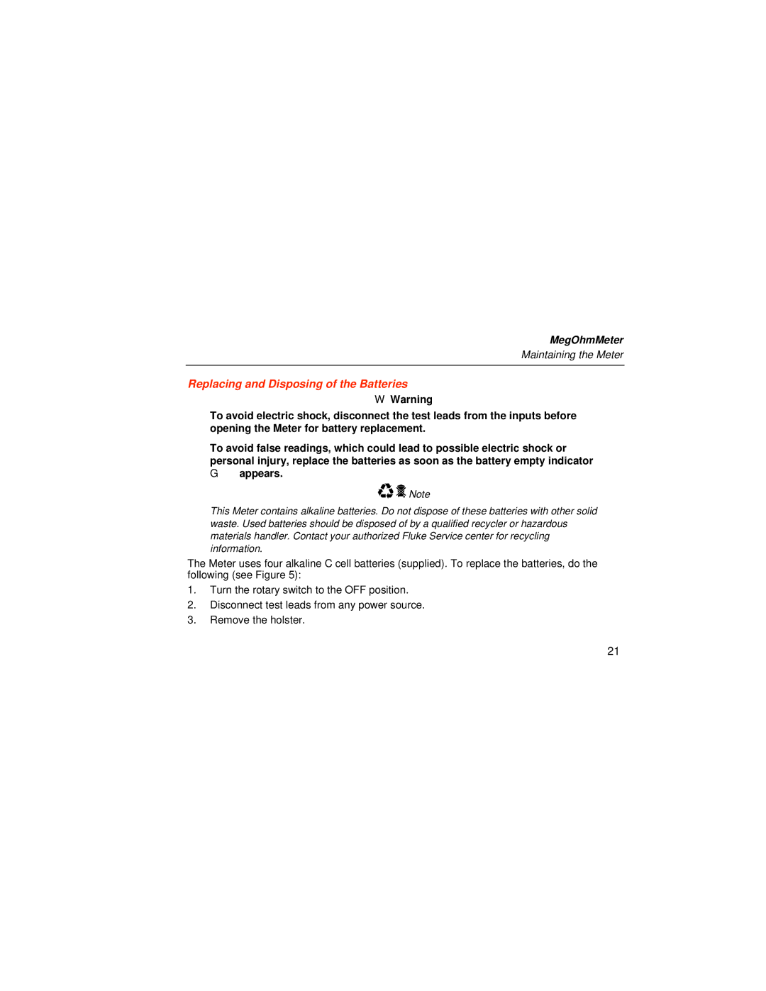 Fluke 1526 user manual Replacing and Disposing of the BatteriesW, Appears 