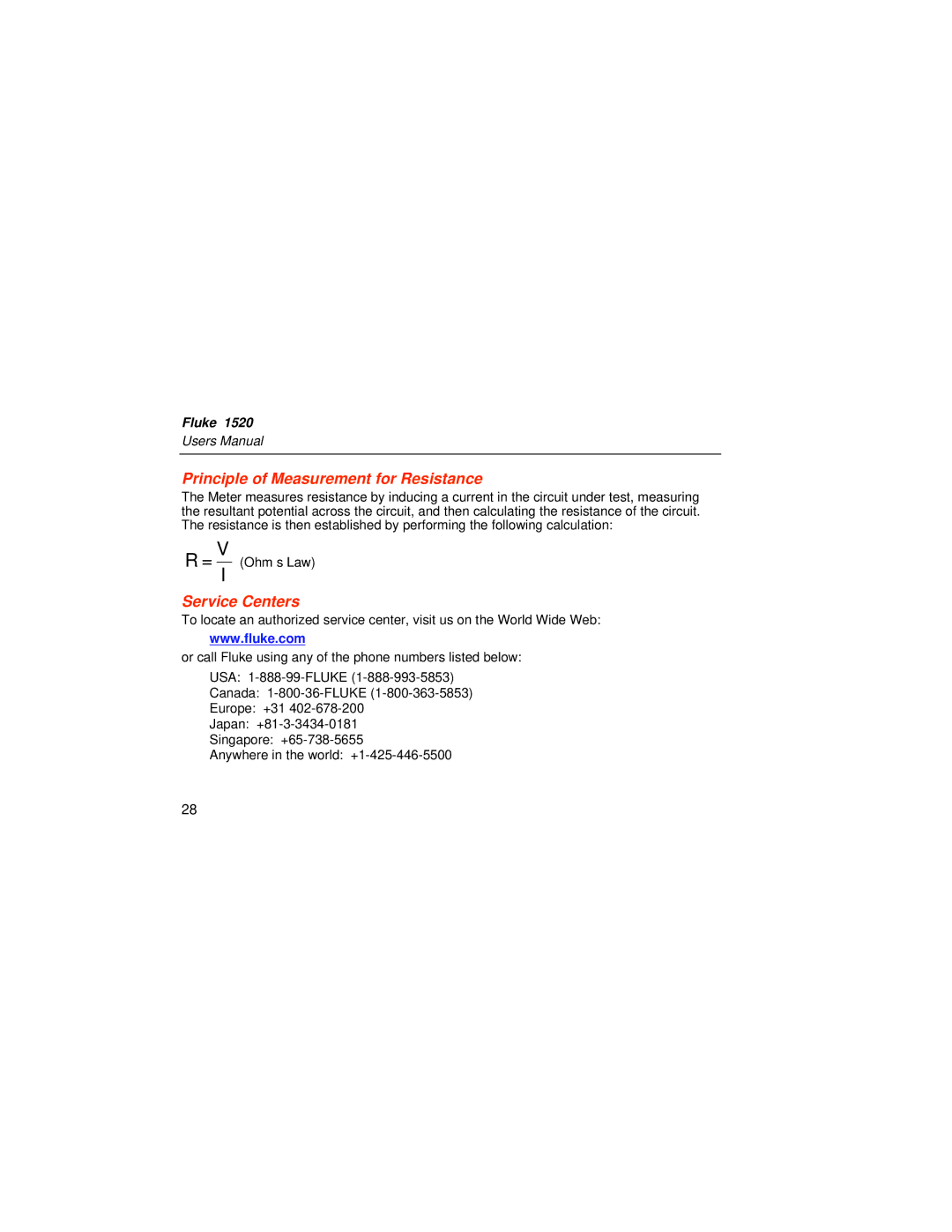 Fluke 1526 user manual Principle of Measurement for Resistance, Service Centers 