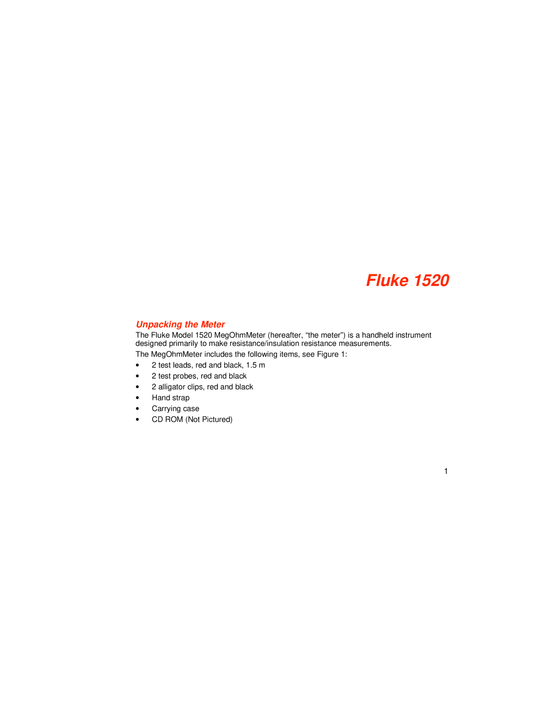 Fluke 1526 user manual Fluke, Unpacking the Meter 