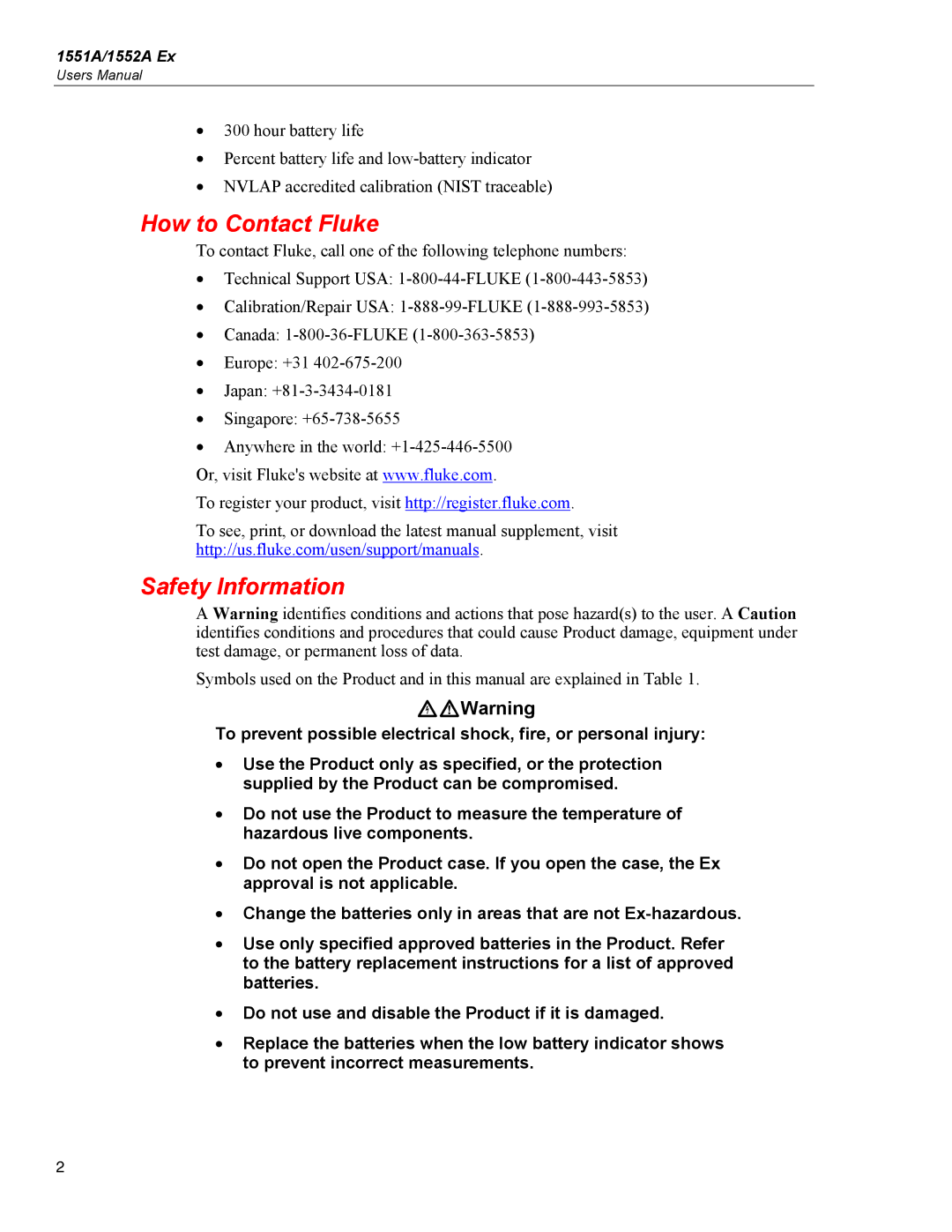 Fluke 1552A EX, 1551A EX specifications How to Contact Fluke, Safety Information 