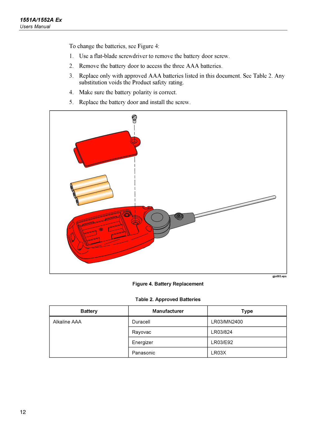 Fluke 1552A EX, 1551A EX specifications Battery Replacement Approved Batteries Manufacturer Type 