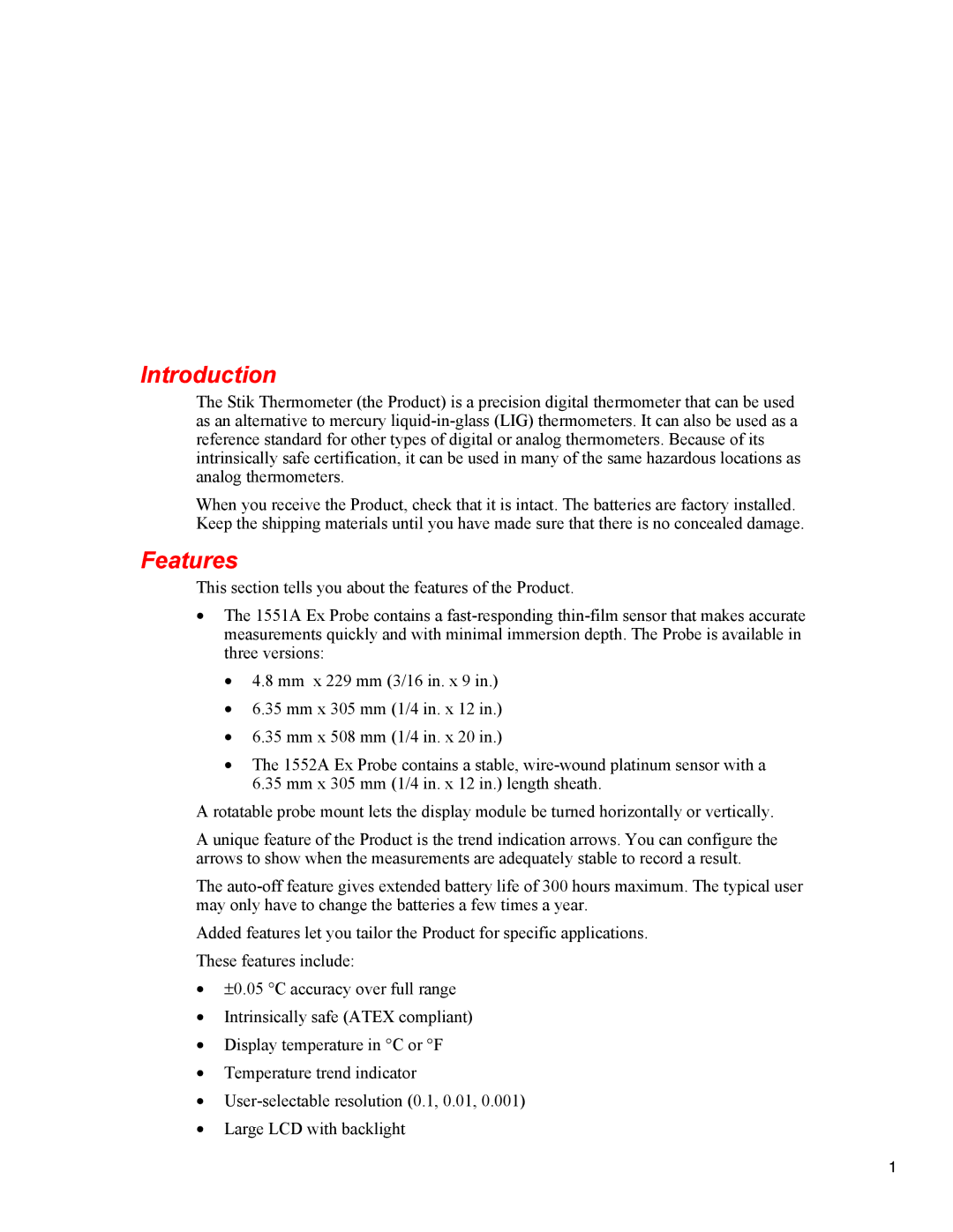 Fluke 1551A EX, 1552A EX specifications Introduction, Features 