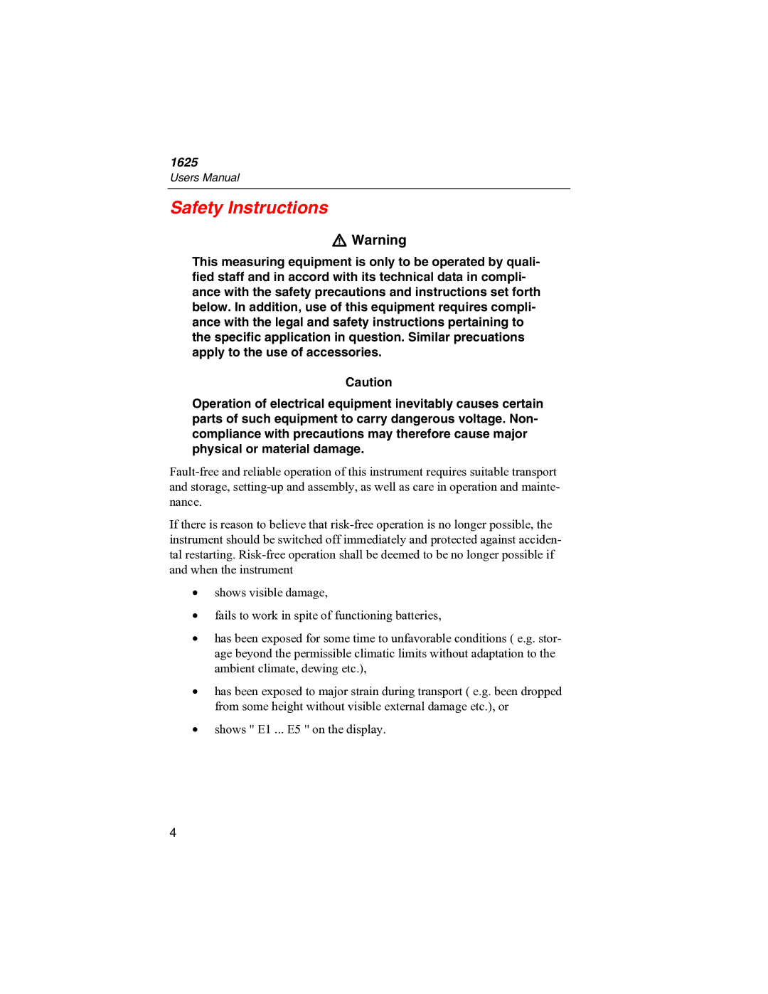 Fluke 1625 user manual Safety Instructions 