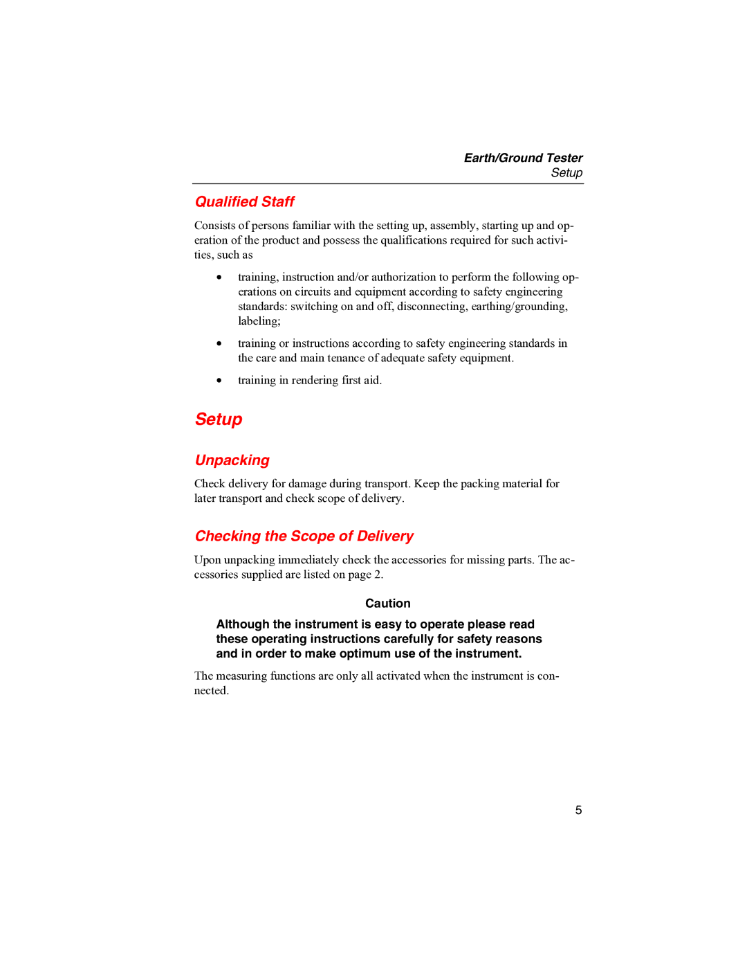 Fluke 1625 user manual Setup, Qualified Staff, Unpacking, Checking the Scope of Delivery 