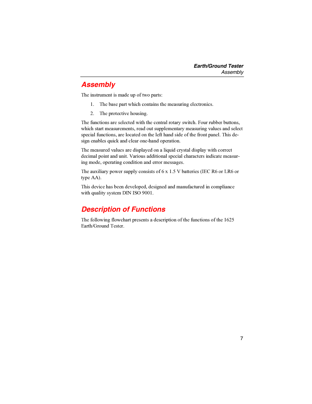 Fluke 1625 user manual Assembly, Description of Functions 