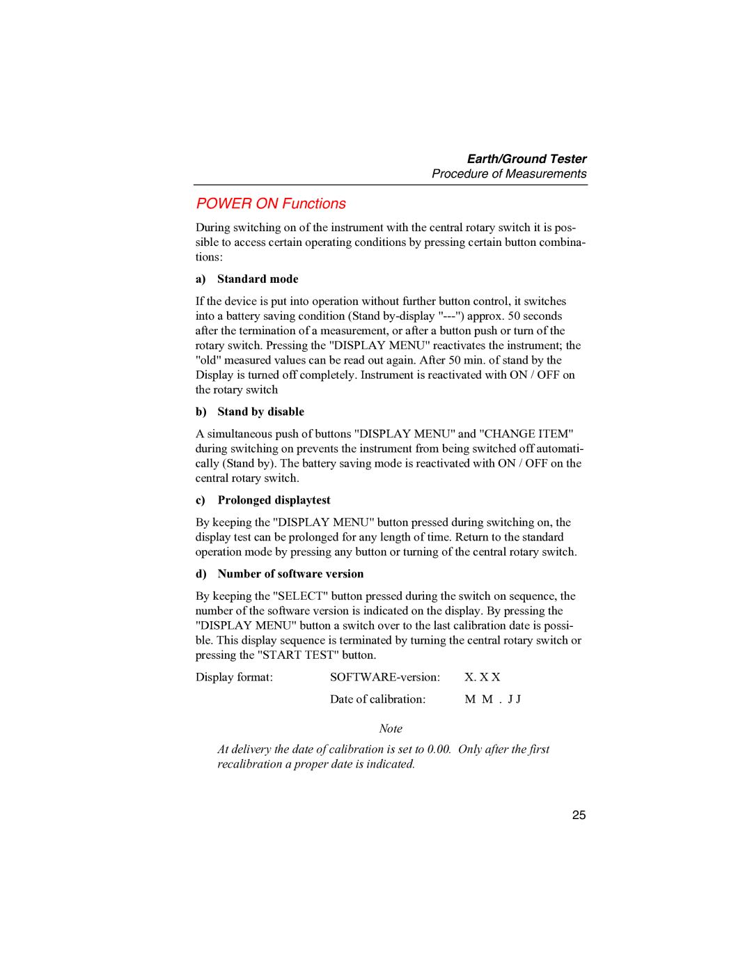 Fluke 1625 user manual Power on Functions, Standard mode 