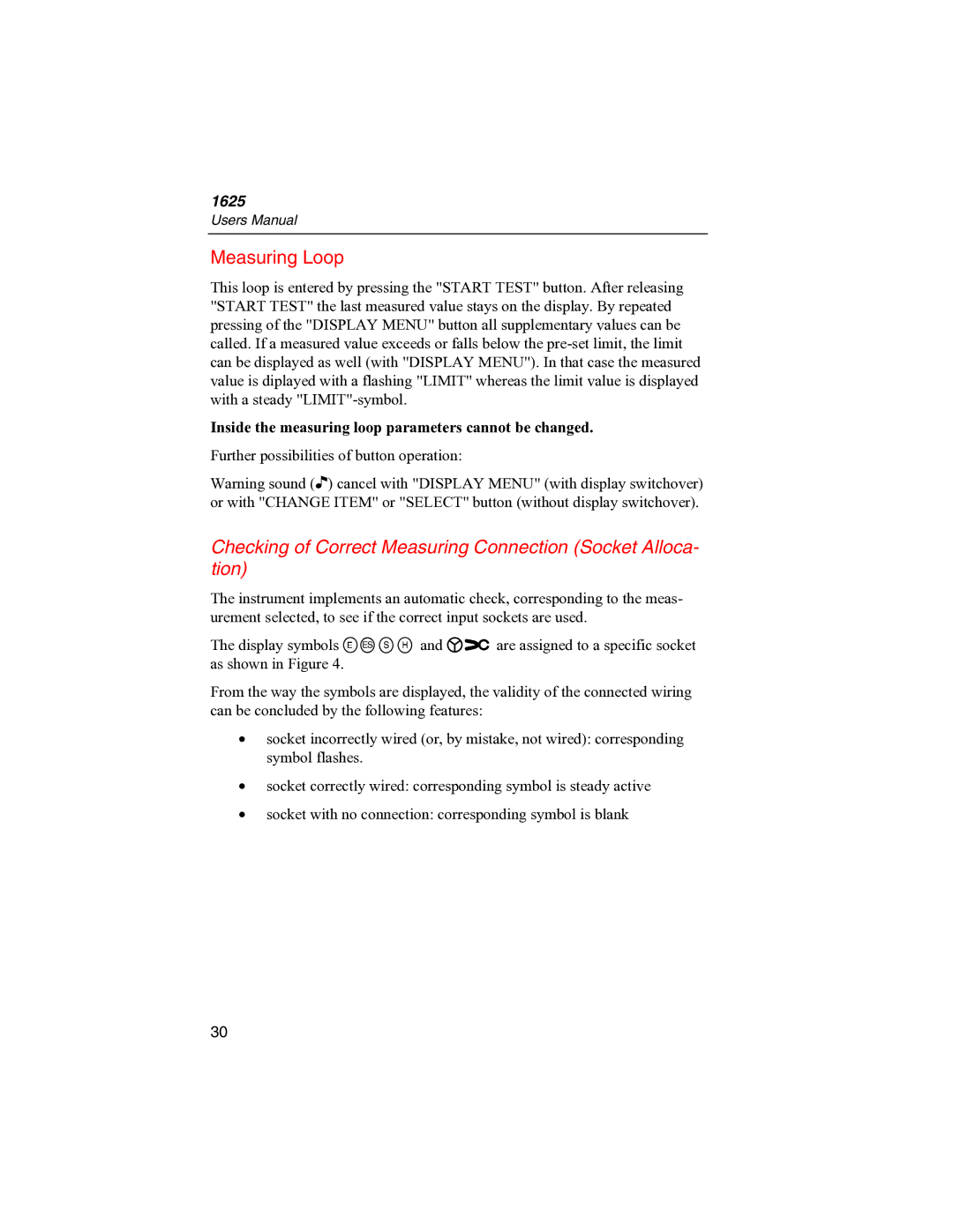 Fluke 1625 user manual Checking of Correct Measuring Connection Socket Alloca- tion 