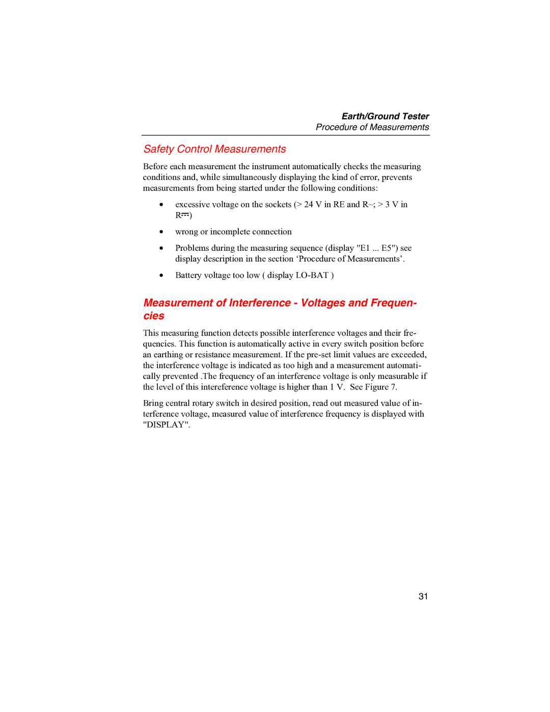 Fluke 1625 user manual Safety Control Measurements, Measurement of Interference Voltages and Frequen- cies 