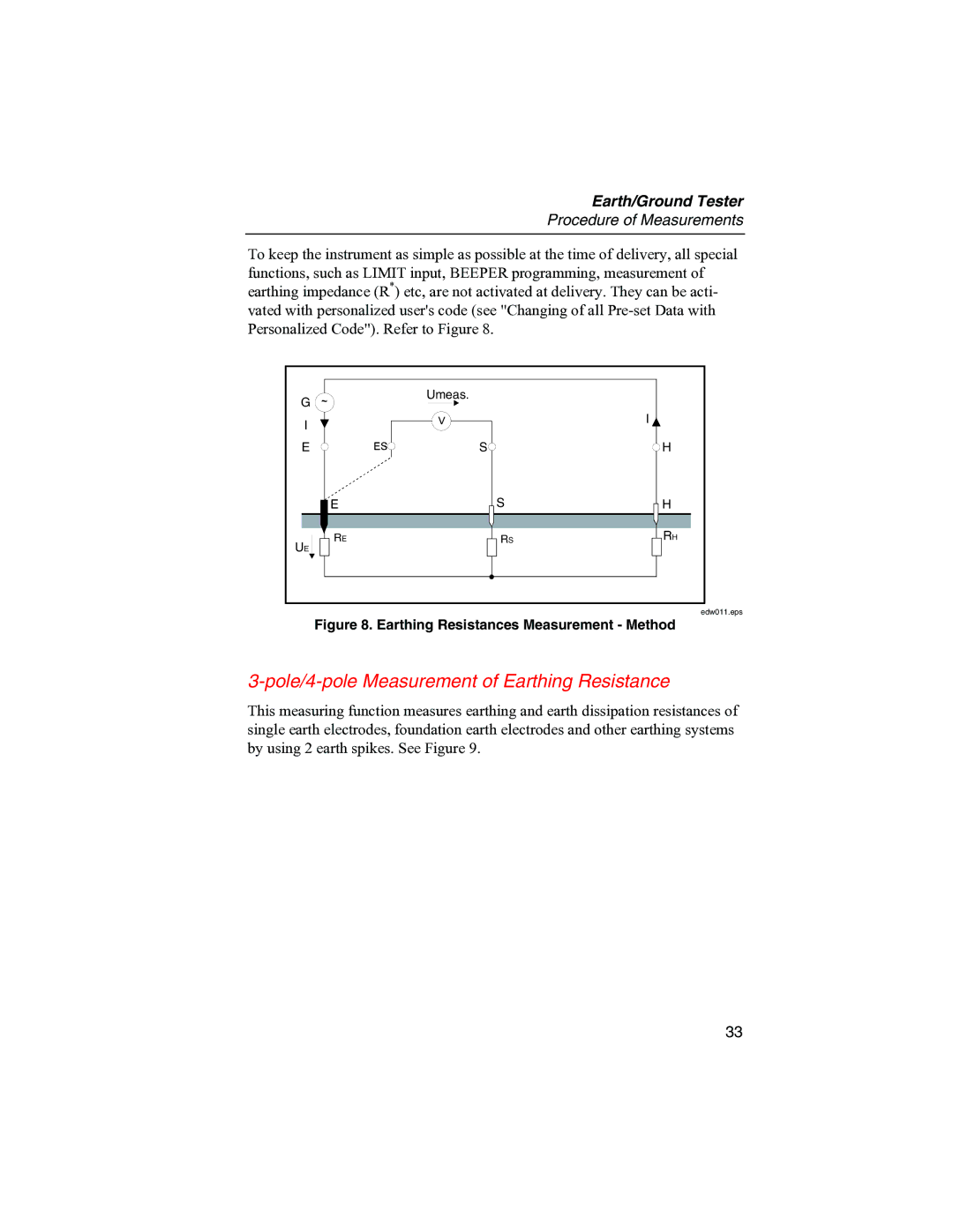 Fluke 1625 user manual Pole/4-pole Measurement of Earthing Resistance, Earthing Resistances Measurement Method 