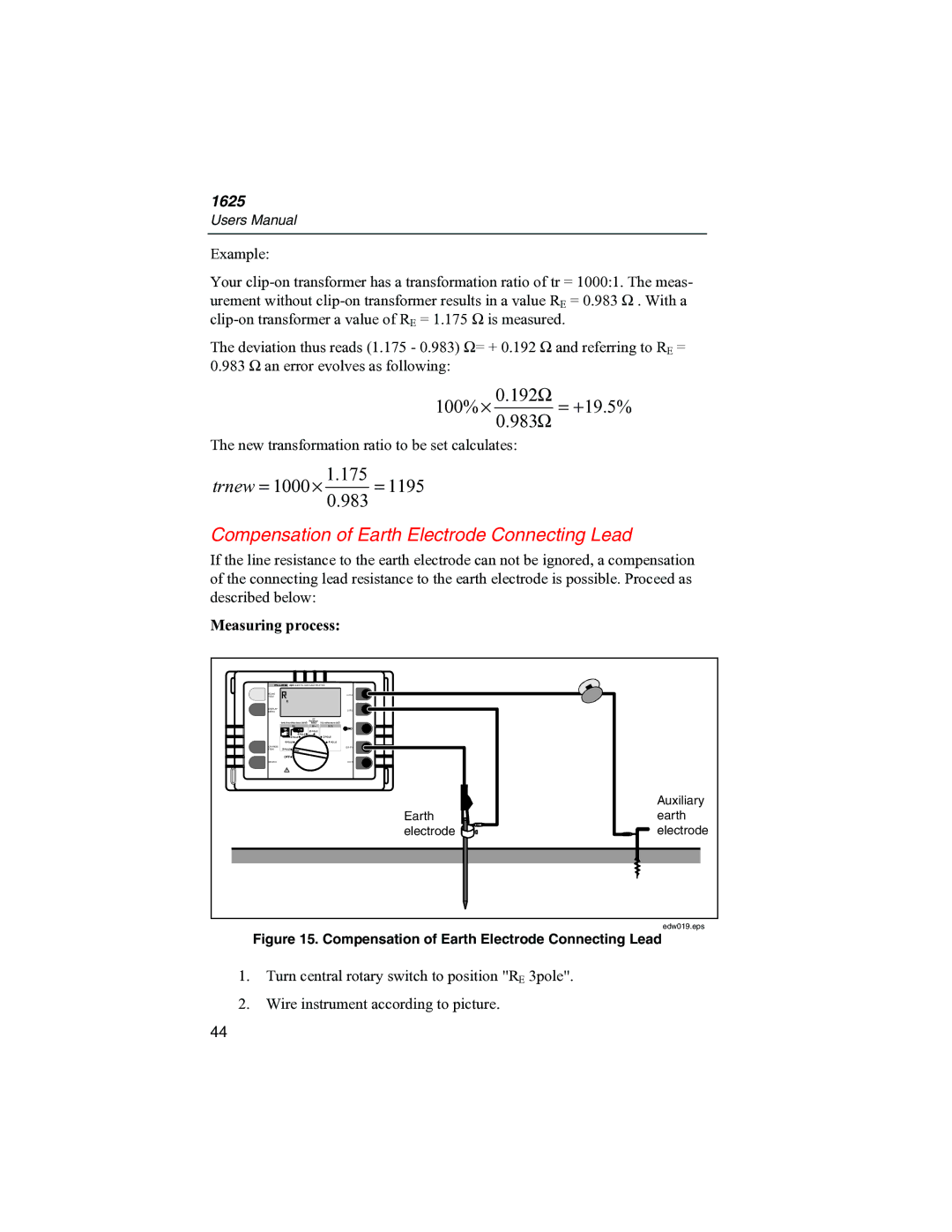 Fluke 1625 user manual Compensation of Earth Electrode Connecting Lead 