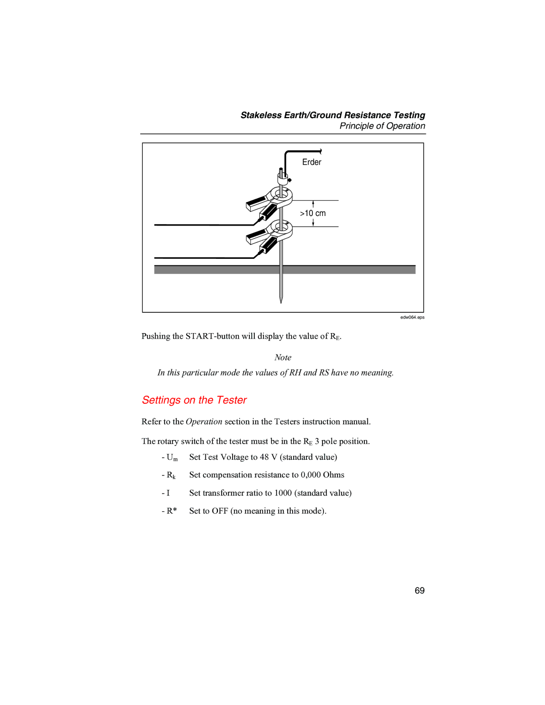 Fluke 1625 user manual Settings on the Tester, Erder 10 cm 