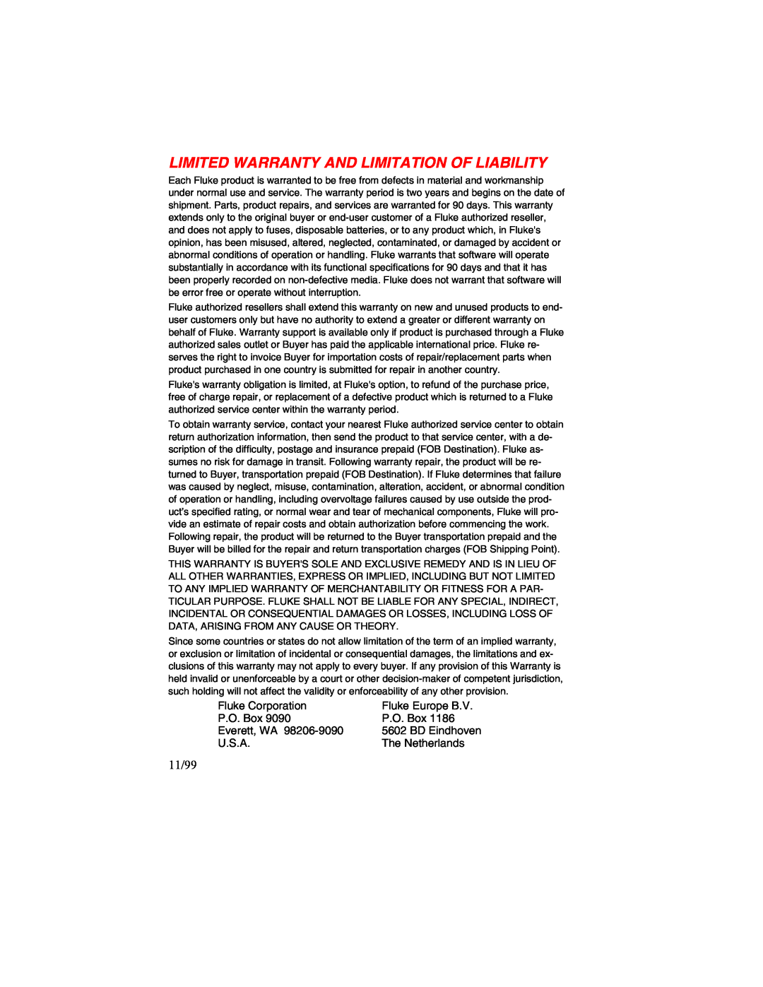 Fluke 1625 user manual Limited Warranty And Limitation Of Liability, 11/99 