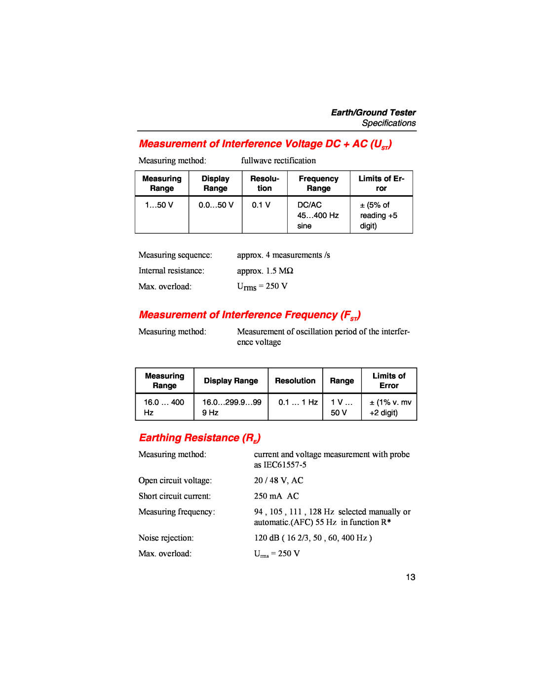 Fluke 1625 Measurement of Interference Voltage DC + AC UST, Measurement of Interference Frequency F ST, Specifications 