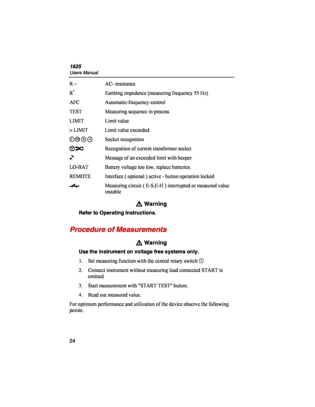 Fluke 1625 user manual Procedure of Measurements, W Warning, Refer to Operating Instructions 