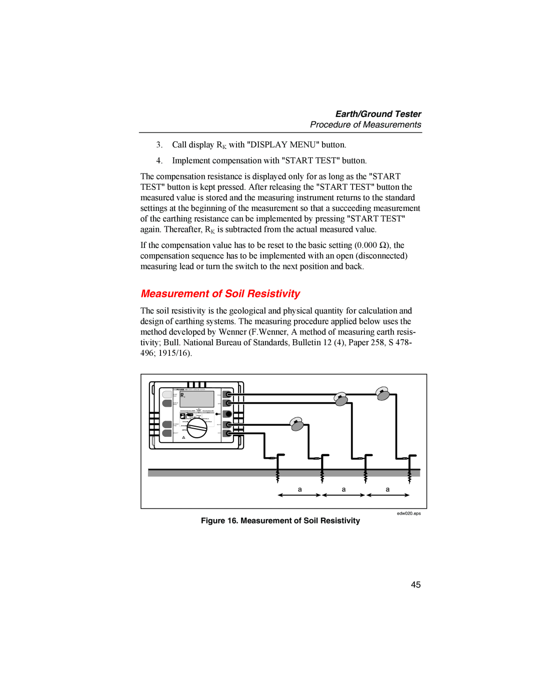 Fluke 1625 user manual Measurement of Soil Resistivity, Earth/Ground Tester, Procedure of Measurements 