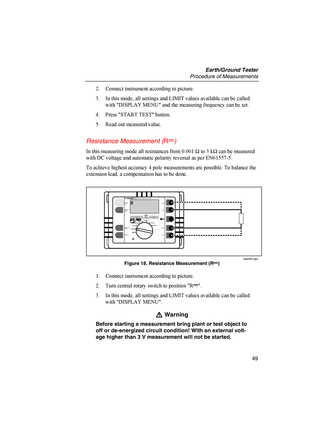 Fluke 1625 user manual Resistance Measurement RF, W Warning, Earth/Ground Tester, Procedure of Measurements 
