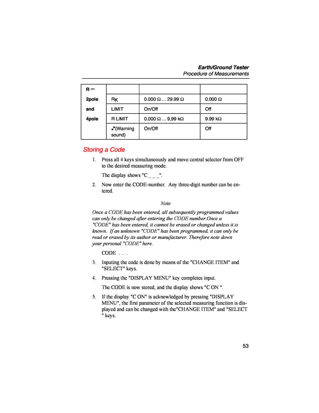 Fluke 1625 user manual Storing a Code, Earth/Ground Tester, Procedure of Measurements 