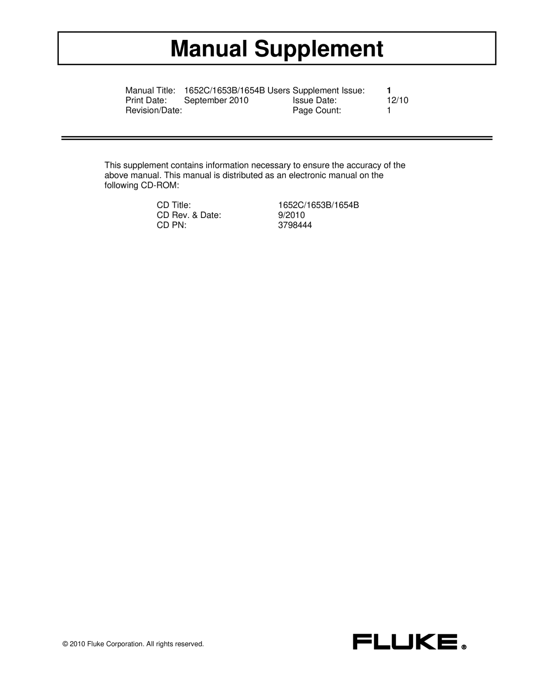 Fluke 1652C, 1653B, 1654B manual Manual Supplement 