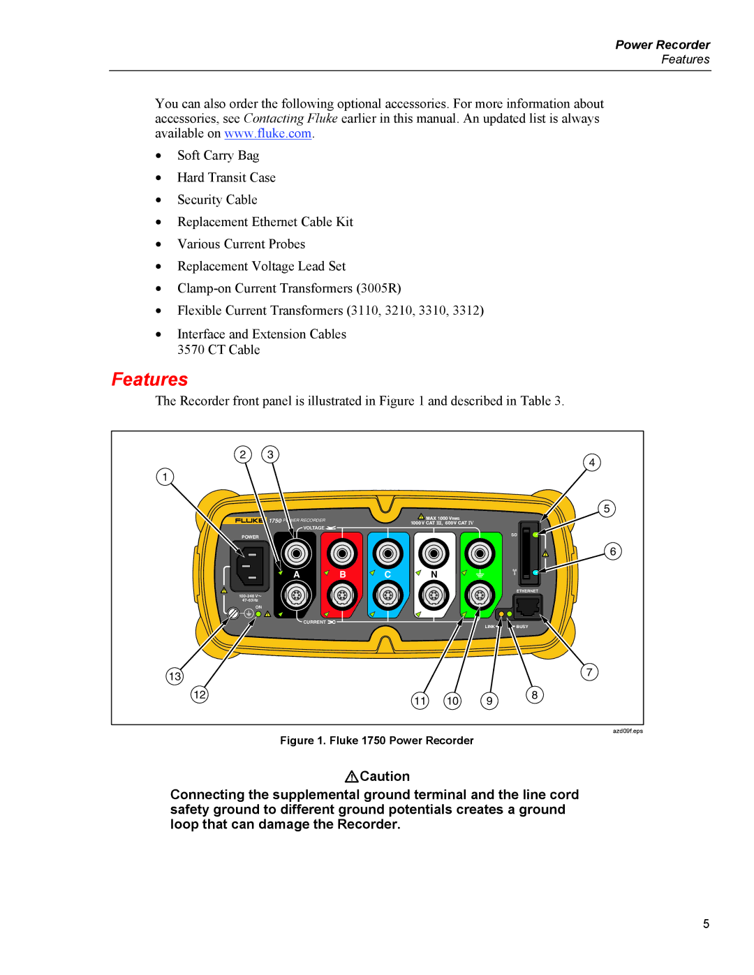 Fluke specifications Features, Fluke 1750 Power Recorder 