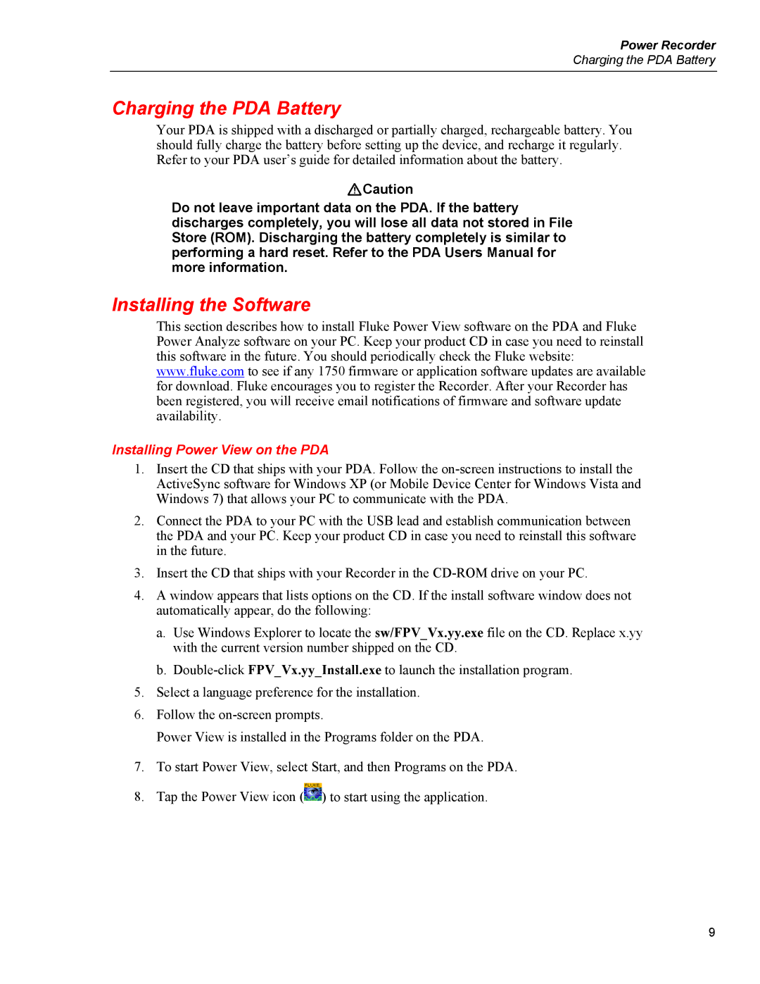 Fluke 1750 specifications Charging the PDA Battery, Installing the Software, Installing Power View on the PDA 