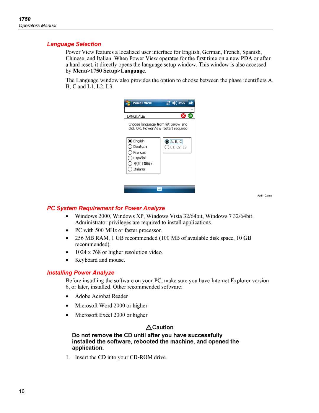 Fluke 1750 specifications Language Selection, PC System Requirement for Power Analyze, Installing Power Analyze 