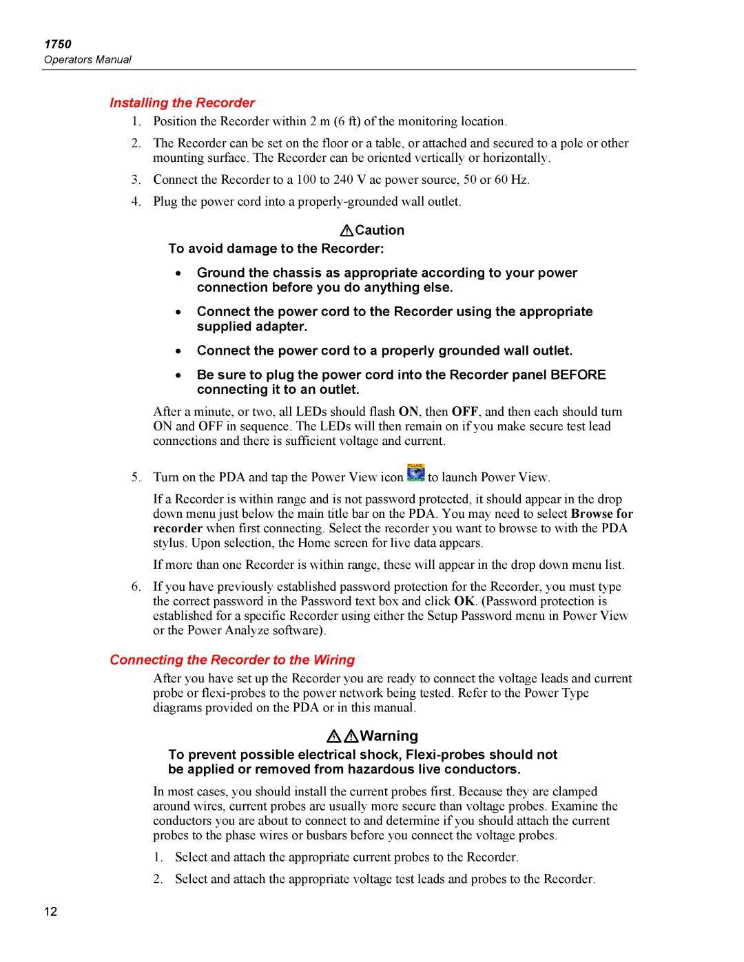 Fluke 1750 specifications Installing the Recorder, Connecting the Recorder to the Wiring 