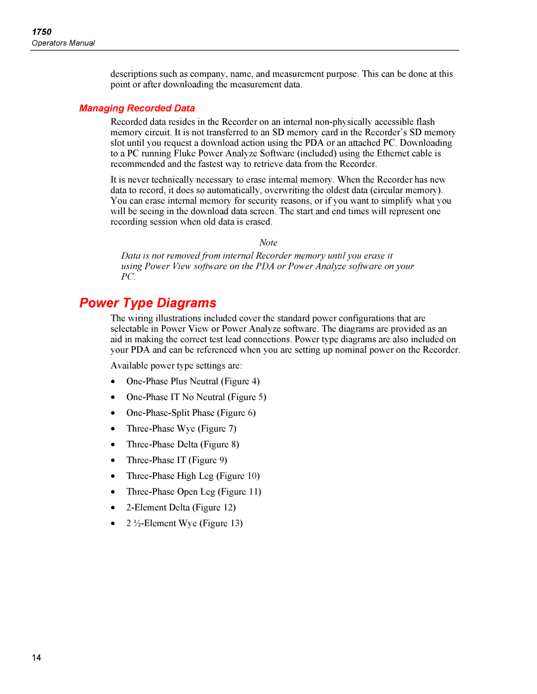 Fluke 1750 specifications Power Type Diagrams, Managing Recorded Data 