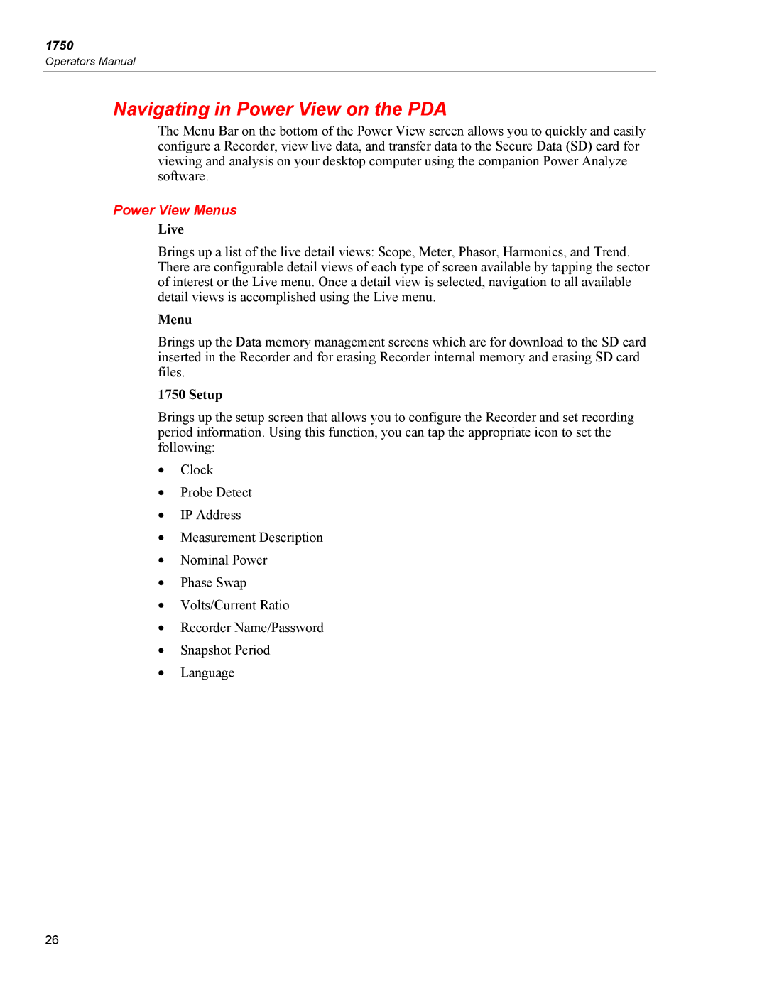 Fluke 1750 specifications Navigating in Power View on the PDA, Power View Menus 