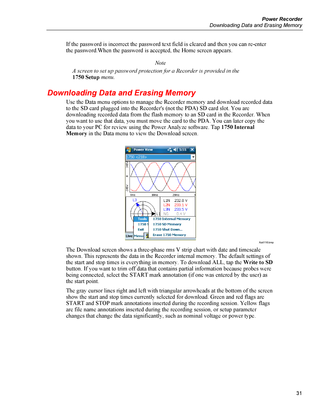 Fluke 1750 specifications Downloading Data and Erasing Memory 