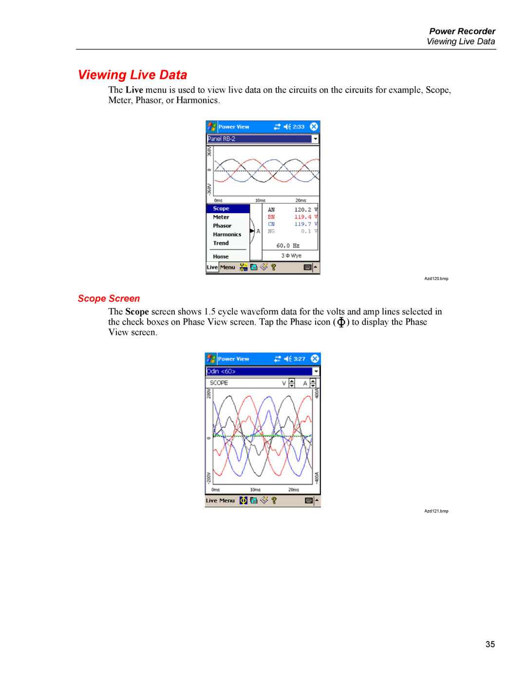 Fluke 1750 specifications Viewing Live Data, Scope Screen 